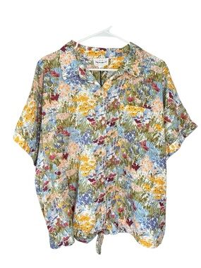 For the Republic Multicolor Floral Tie Hem Button Down Short Sleeve Shirt XL